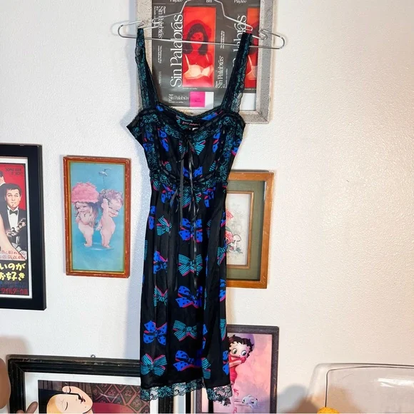 Betsey Johnson Bow Lace Trim Silk Milkmaid Dress - Picture 3 of 8